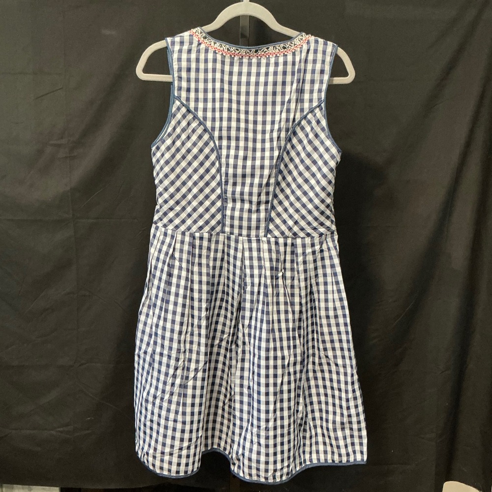 YTWS Gingham Pinafore Dress Blue White Embroidered Neckline Buttons Women